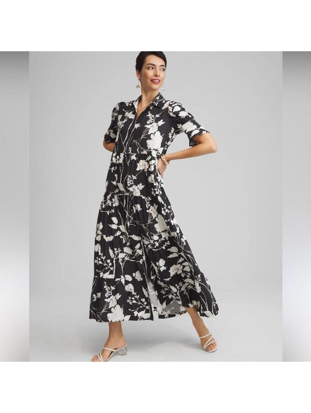 🆕 SILK FLORAL Maxi Dress CHICO’S Black White Flare Sleeve NWOT pockets 20